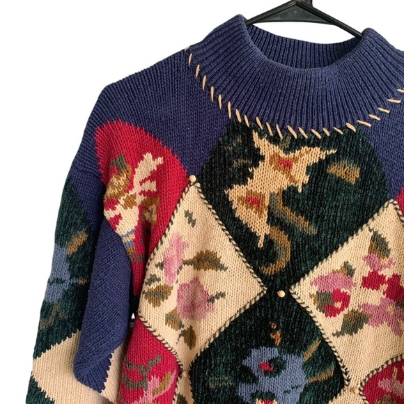 Vintage Colorful Patchwork Sweater Ivy Hand Knit Women’s Size Medium - Picture 2 of 7